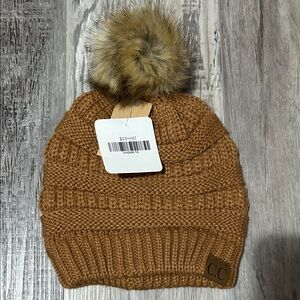 C.C Toasted Almond Knit Beanie with Faux Fur Pom